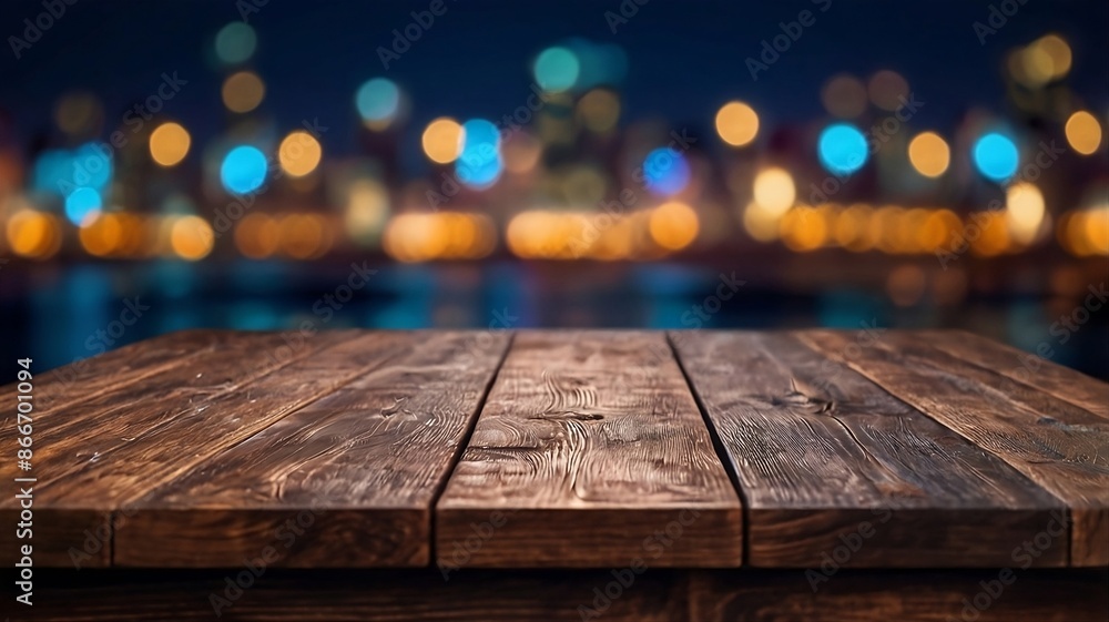 Empty wooden table with neon light bokeh background, night view, blurred bokeh lights background, generative ai Empty wooden table with neon light bokeh background, night view, blurred bokeh lights background, generative ai
