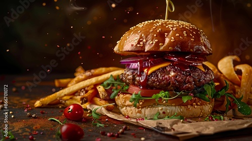 A vibrant food photography of tasty appetizing slider with fries and condiments Viewed from eye level on background, Generative AI illustrations. 