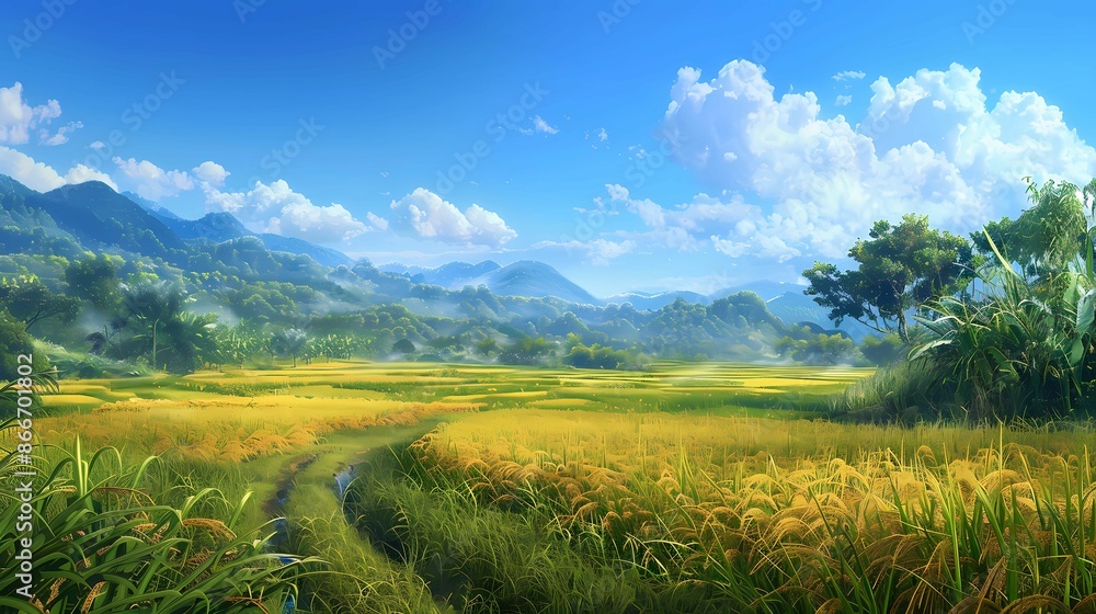 Obraz premium A swaying rice fields under a clear blue sky, evoking a sense of endless prosperity and tranquility, realistic painting style, Generative AI illustrations. 