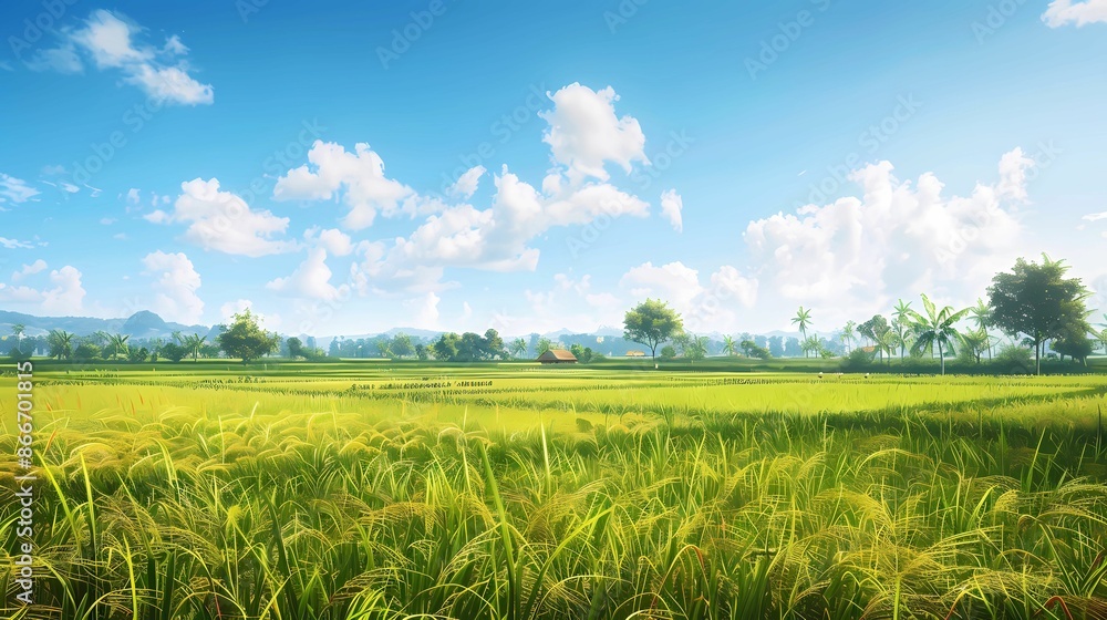 A swaying rice fields under a clear blue sky, evoking a sense of endless prosperity and tranquility, realistic painting style, Generative AI illustrations. A swaying rice fields under a clear blue sky, evoking a sense of endless prosperity and tranquility, realistic painting style, Generative AI illustrations.