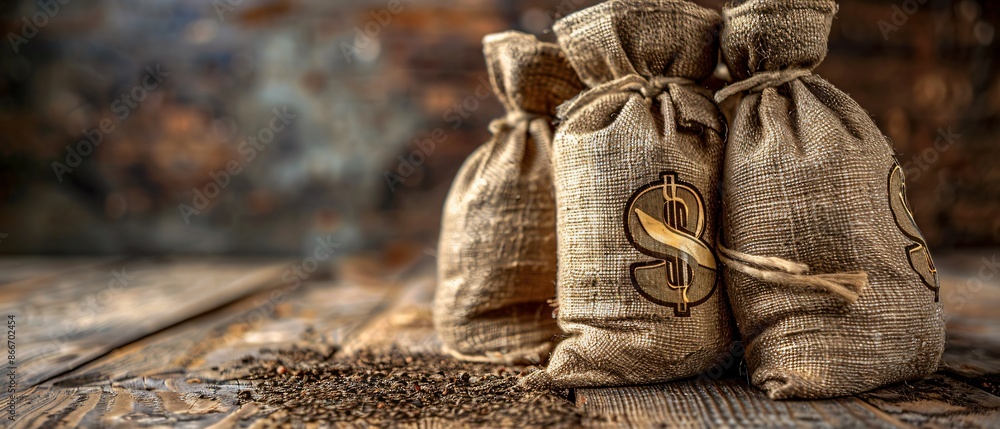 Rustic Financial Security Piles of Money Bags Symbolizing Savings in a Countryside Setting Rustic Financial Security Piles of Money Bags Symbolizing Savings in a Countryside Setting