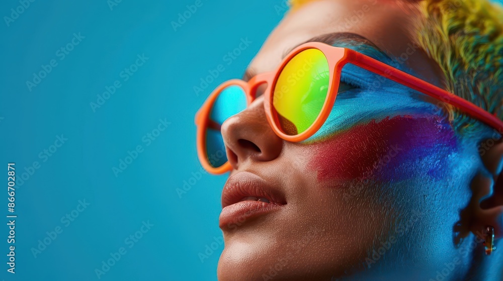 Close-up of a woman wearing colorful sunglasses and makeup, looking upwards. Close-up of a woman wearing colorful sunglasses and makeup, looking upwards.