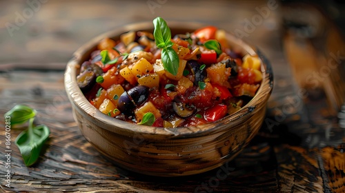 A caponata recipe , sharp and clear focus, taken in the style of a professional food photographer, artistic, unique, wooden background, Generative AI illustrations. 