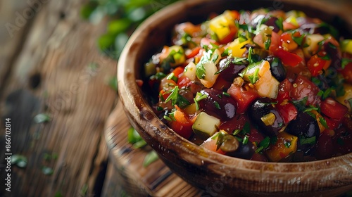 A caponata recipe , sharp and clear focus, taken in the style of a professional food photographer, artistic, unique, wooden background, Generative AI illustrations. 