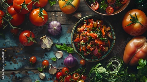 A caponata recipe , sharp and clear focus, taken in the style of a professional food photographer, artistic, unique, wooden background, Generative AI illustrations. 