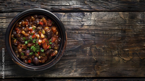 A caponata recipe , sharp and clear focus, taken in the style of a professional food photographer, artistic, unique, wooden background, Generative AI illustrations. 