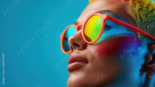 Close-up of a woman wearing colorful sunglasses and makeup, looking upwards. photo