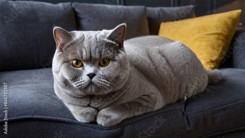 Contented British Shorthair: Soft Comfort on Plush Sofa