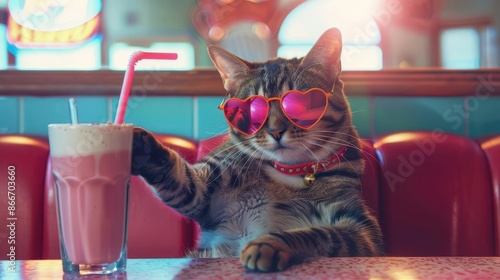 whimsical tabby cat lounges in a retro diner booth sporting oversized heartshaped sunglasses and neon headphones while sipping a milkshake through a bendy straw photo