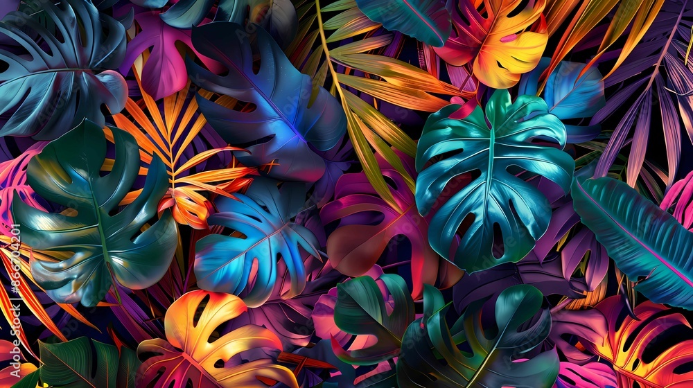 An exotic tropical foliage pattern, infusing fashion with vibrant nature in seamless wallpaper, Generative AI illustrations. An exotic tropical foliage pattern, infusing fashion with vibrant nature in seamless wallpaper, Generative AI illustrations.
