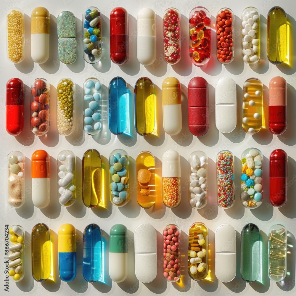 Colorful Health Supplements Collection on White Background Colorful Health Supplements Collection on White Background