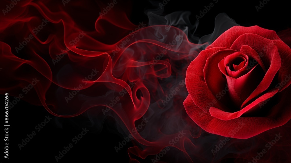 Naklejka premium Red rose wrapped in smoke swirl on black background.