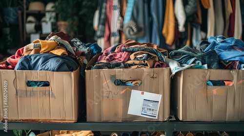 A boxes overflowing with used clothes a clothes store, Generative AI illustrations.  photo