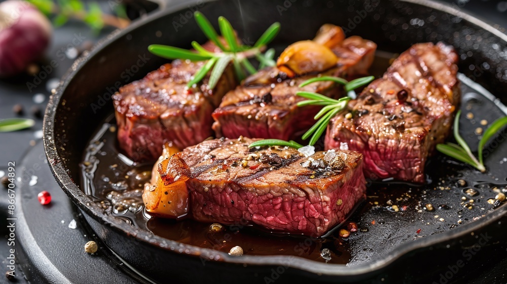 Entrecote beef steak cooked to medium rare in a cast iron pan with salt and pepper Entrecote beef steak cooked to medium rare in a cast iron pan with salt and pepper