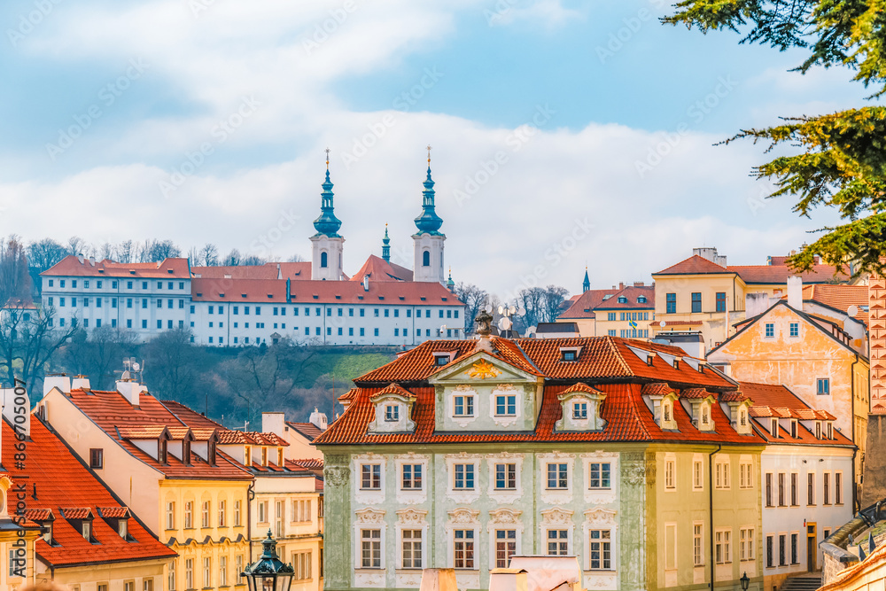View of the city Prague and strahov monastery from prague castle, hradcany in Prague, Czech Republic. View of the city Prague and strahov monastery from prague castle, hradcany in Prague, Czech Republic.