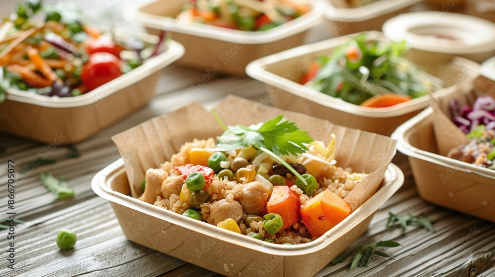 Enjoy organic takeout food served in convenient paper containers at home. Eco-friendly packaging concept Enjoy organic takeout food served in convenient paper containers at home. Eco-friendly packaging concept