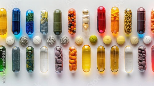 Colorful Health Supplements Collection on White Background