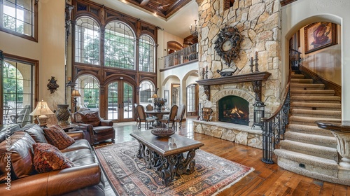 Interior living room with fireplace stone and wood mantle staircase wooden flooring decorated and staged large bright windows classic and modern decor