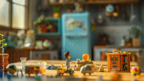 A miniature kitchen scene with figurines and toy cars. The scene is set in a warm, inviting space.