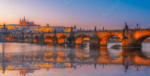Photography View of the city of Prague castle in hradcany and the Vltava river with Charles bridge in Prague, Czech Republic