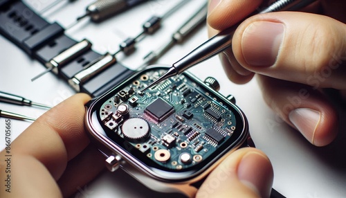 Close-up of a Watch Being Repaired - A watch repairer uses tweezers to carefully manipulate a component on the intricate circuit board of a disassembled smartwatch.