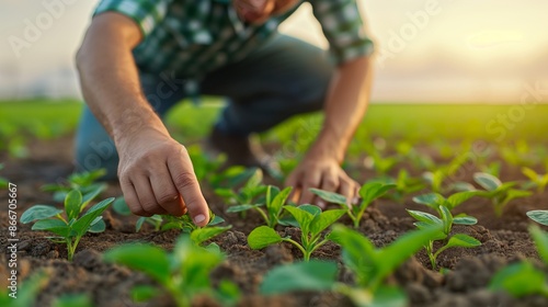 A farmer carefully tending to young plants in a field, illustrating the dedication and care involved in agriculture.