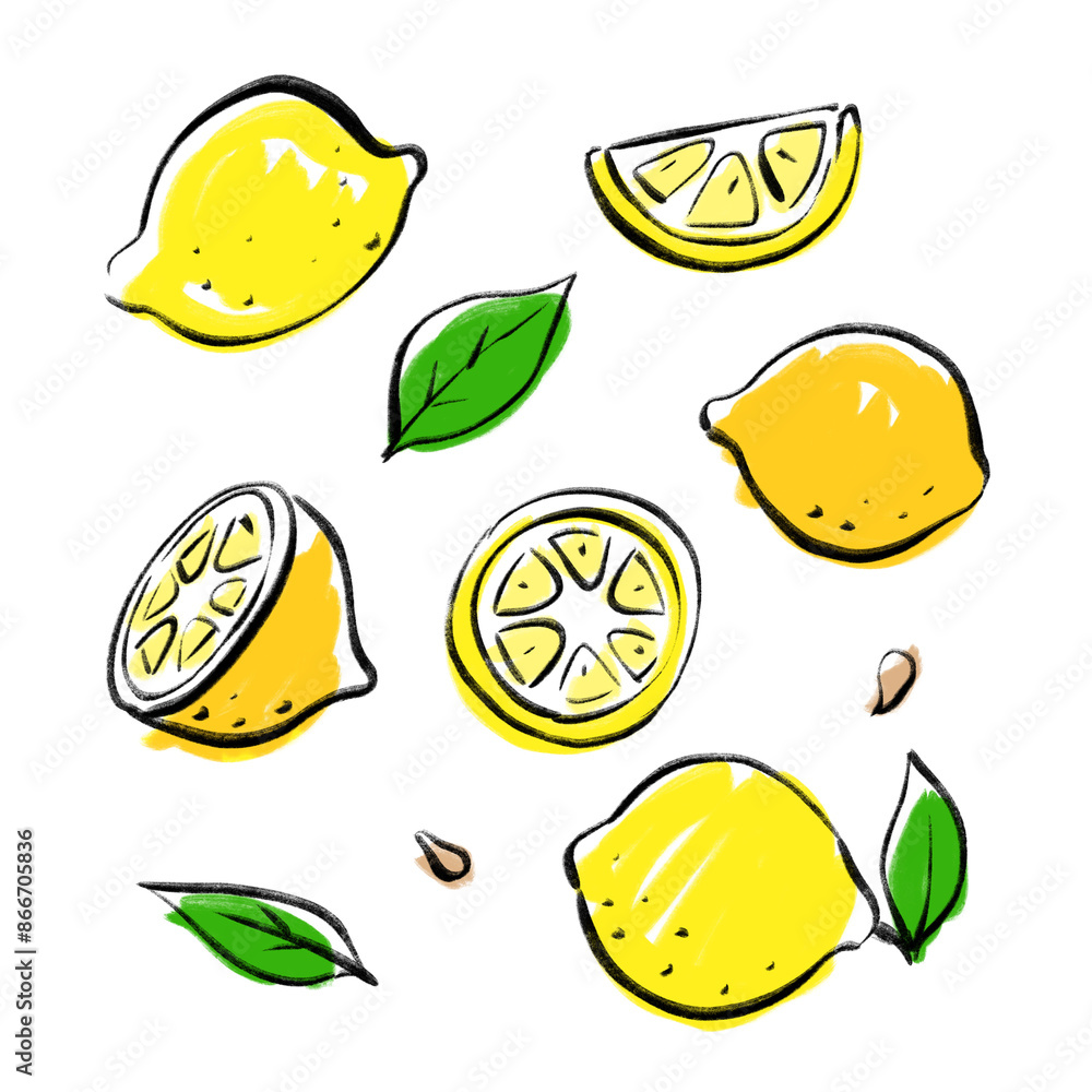 Lemons hand drawn ink doodle set. Isolated colorful brush painted citrus collection on transparent background. Printable illustration for stickers, decoration or web design. Lemons hand drawn ink doodle set. Isolated colorful brush painted citrus collection on transparent background. Printable illustration for stickers, decoration or web design.