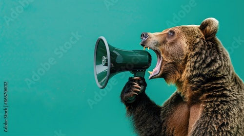 Animal advocate: A bear shouts into a megaphone on a solid green background, with room for text