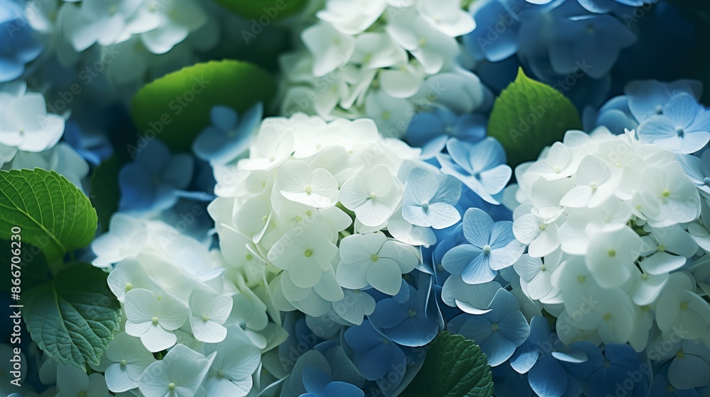 Serene Hydrangea Petals and Lush Foliage Background. Serene Hydrangea Petals and Lush Foliage Background.