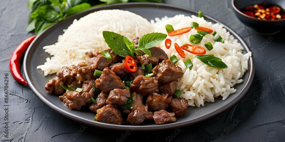 Vietnamese bo luc lac cubed beef rice on a plate. Concept Photo request, Vietnamese bo luc lac (cubed beef) served on a plate with rice, a traditional and flavorful dish from Vietnam, Vietnamese bo luc lac cubed beef rice on a plate. Concept Photo request, Vietnamese bo luc lac (cubed beef) served on a plate with rice, a traditional and flavorful dish from Vietnam,