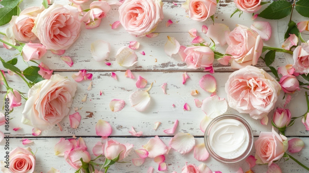 Moisturizing with roses on white wooden surface Moisturizing with roses on white wooden surface