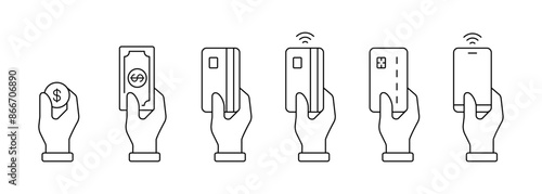 Set of payment options vector elements in flat style. Credit card processing, hand holding debit-credit card, cash and receipt.