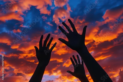 silhouetted hands reaching across a dramatic sunset sky symbolizing hope and unity vivid oranges and purples paint the clouds creating a powerful and emotive scene