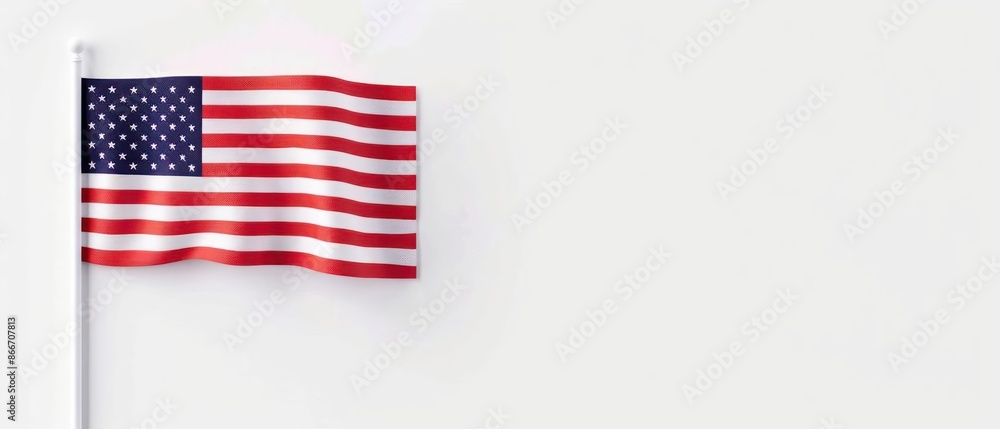 A conceptual depiction of the American flag waving proudly with stars and stripes, isolated with room for text on a clean background A conceptual depiction of the American flag waving proudly with stars and stripes, isolated with room for text on a clean background