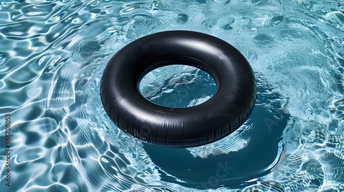 Top View of a anthracite inflatable Ring floating on Pool Water. Colorful Summer Background