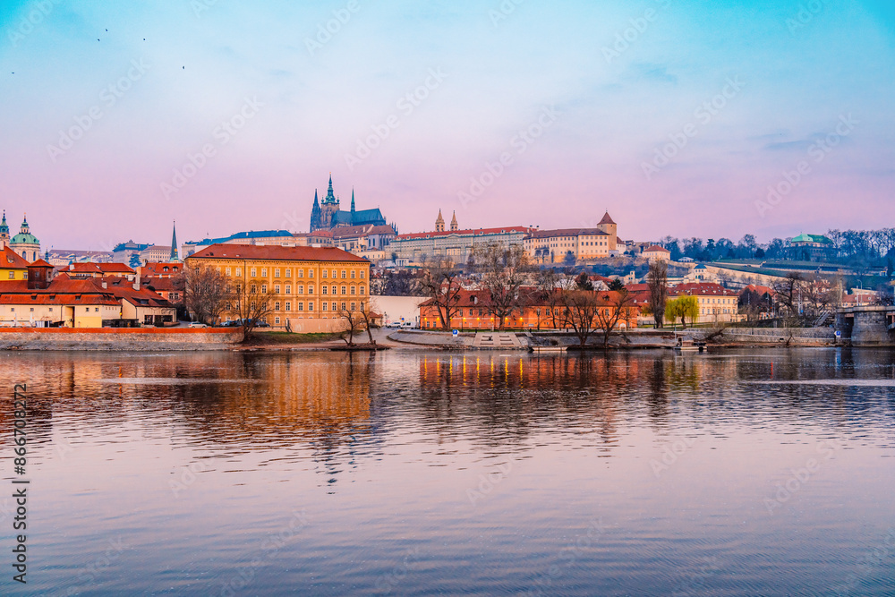 Fototapeta premium View of the city of Prague castle in hradcany and the Vltava river with Charles bridge in Prague, Czech Republic.