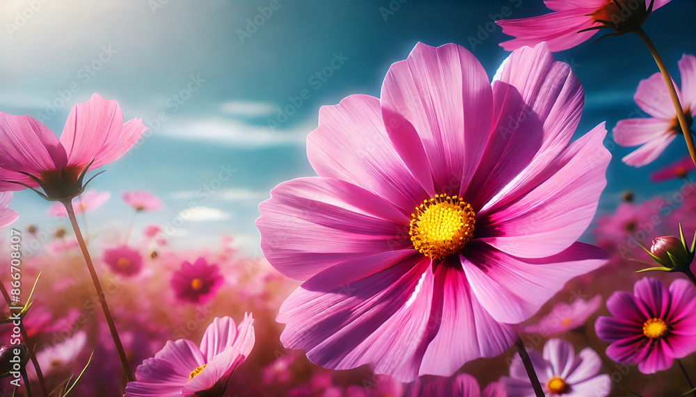 Vibrant Pink Cosmos Flower with Yellow Center in Full Bloom Background, Floral Banner, Copy Space, Nature Background, 4k Wallpaper, Frame TV Art, Wall Art Vibrant Pink Cosmos Flower with Yellow Center in Full Bloom Background, Floral Banner, Copy Space, Nature Background, 4k Wallpaper, Frame TV Art, Wall Art
