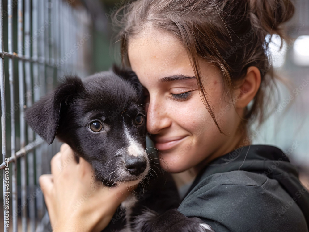 Woman with Puppy at Animal Shelter Woman with Puppy at Animal Shelter