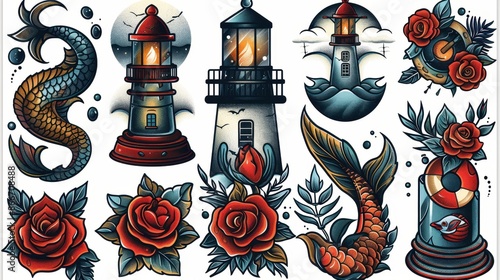 Vibrant and detailed tattoo sheet featuring lighthouse and rose motifs, intertwined with elements like fish and mermaids, displayed in colorful and bold designs on a white background. photo