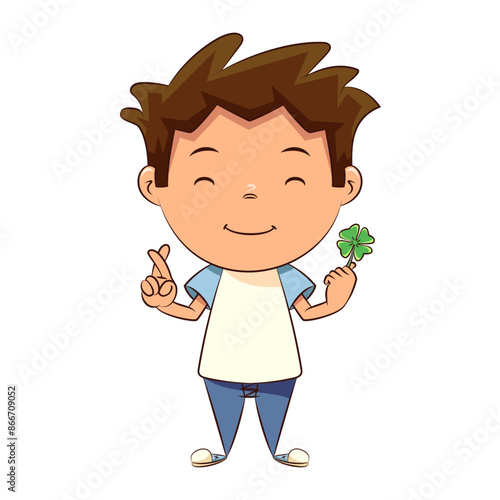 Child holding lucky clover, fingers crossed, good luck charm