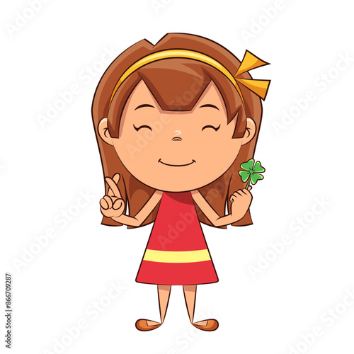 Girl holding lucky clover, fingers crossed, good luck charm