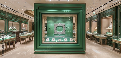 Elegant Green Canvas Frame with Jewel Art in a High-End Jewelry Store with Sparkling Displays and Elegant Decor
