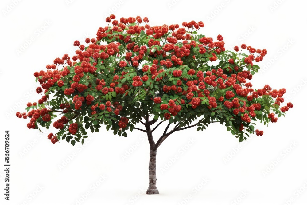 A conceptual image of a rowan tree with bright red berries, isolated on a white background A conceptual image of a rowan tree with bright red berries, isolated on a white background