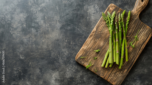 copy space, stockphoto, wooden cutting board with only fresh asparagus, no other vegetables. Healthy food concept. Fresh asparagus poster, design for vegetables store, vetetables department. photo