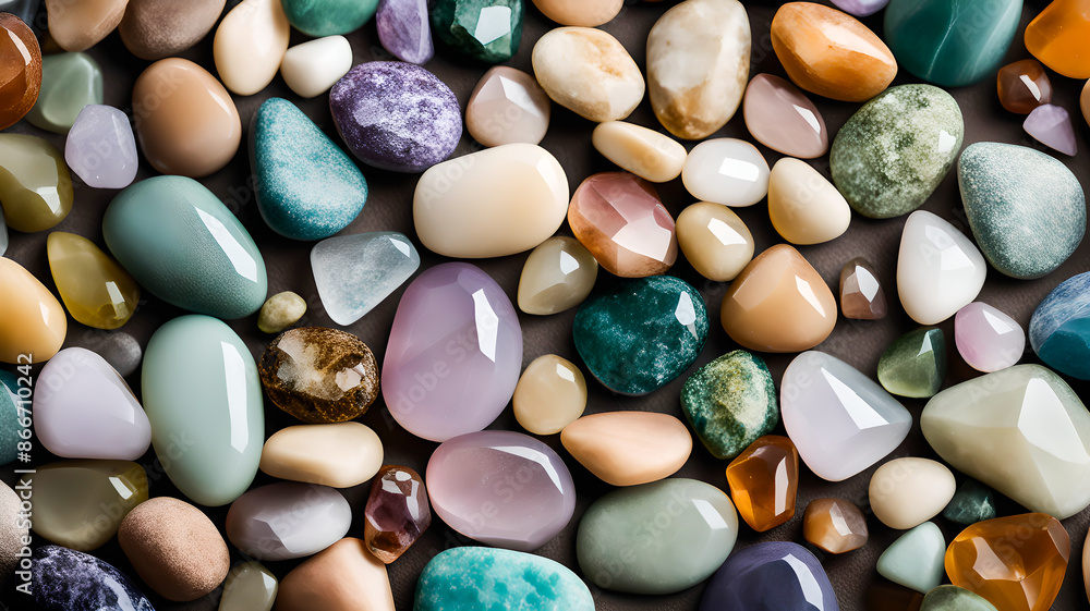 Gorgeous detailed pastel precious stones. Serene background of pastel rounded pebbles. Top view of different colourful natural gem stones crystals Gorgeous detailed pastel precious stones. Serene background of pastel rounded pebbles. Top view of different colourful natural gem stones crystals