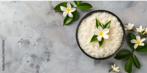 Traditional Sri Lankan New Year breakfast with coconut milk rice and flowers. Concept Sri Lankan Cuisine, New Year Traditions, Coconut Milk Rice, Flower Decorations, Breakfast Celebrations photo