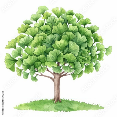 A conceptual watercolor of a ginkgo tree with its unique fanshaped leaves, isolated on a white background photo