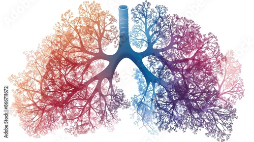 Colorful artistic representation of human lungs, highlighting respiratory tree structure and breathing concept. photo