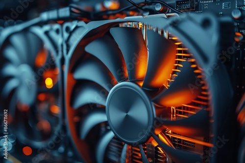 Close-up of powerful cooling fans inside a high-performance gaming PC, illuminated with orange lighting, showcasing advanced computer technology. photo