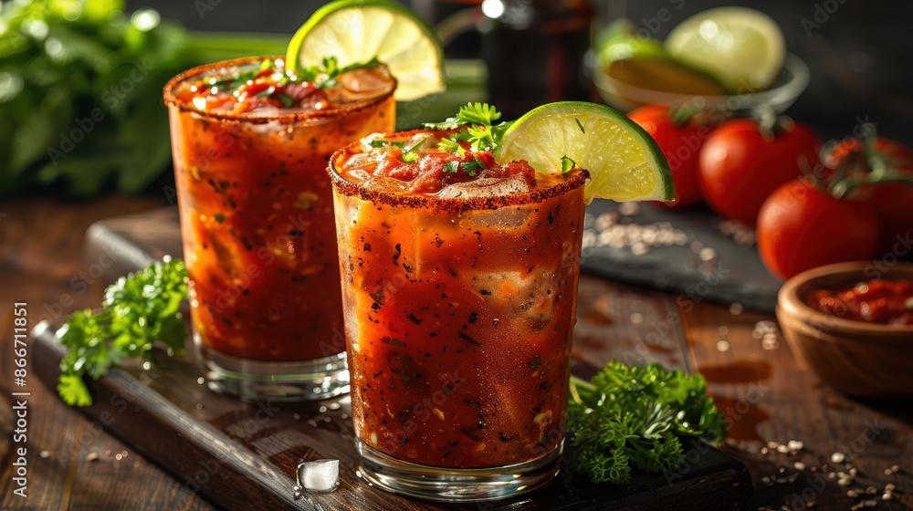 This image features two spicy Bloody Mary cocktails garnished with lime slices, fresh green herbs, and accompanied by vibrant red cherries on a wooden table.